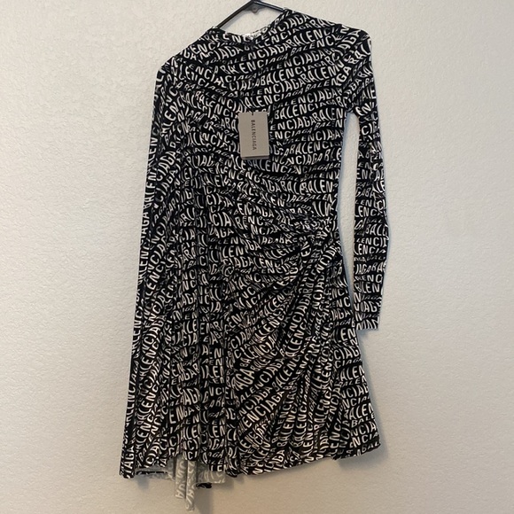 Balenciaga Logo Wave Stretch Fabric Velvet One-Sleeve Dress - size 36 - Picture 2 of 3